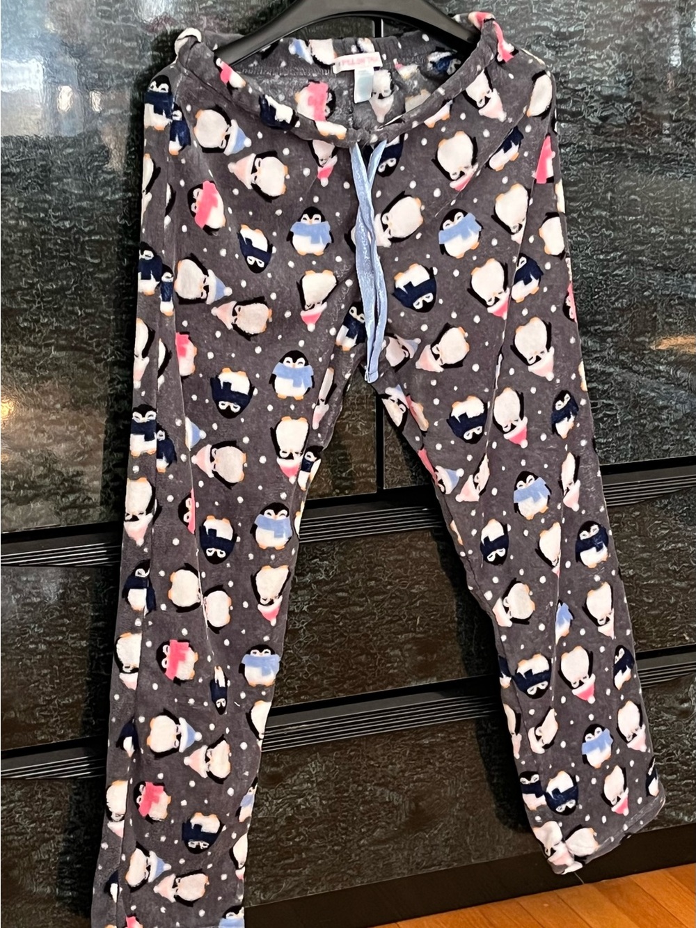 2/25Gray Penguin in Winter Attire Fleece Pajama Pants with Light Blue Drawstring